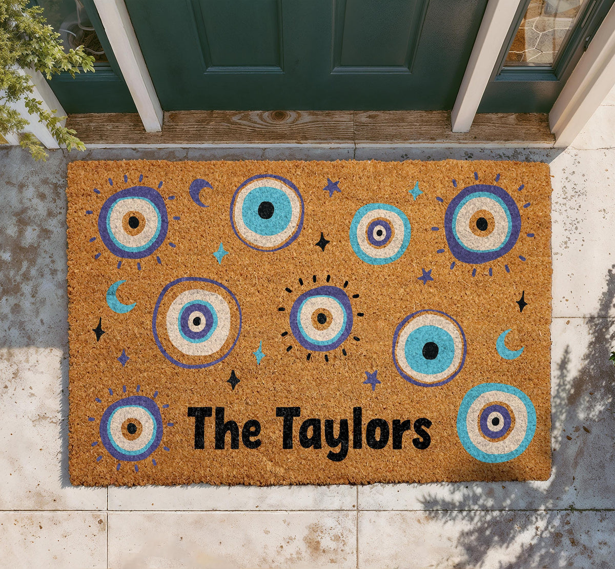 Custom Evil Eye Family Name Doormat, Celestial Moons Stars Welcome Mat (Coir)