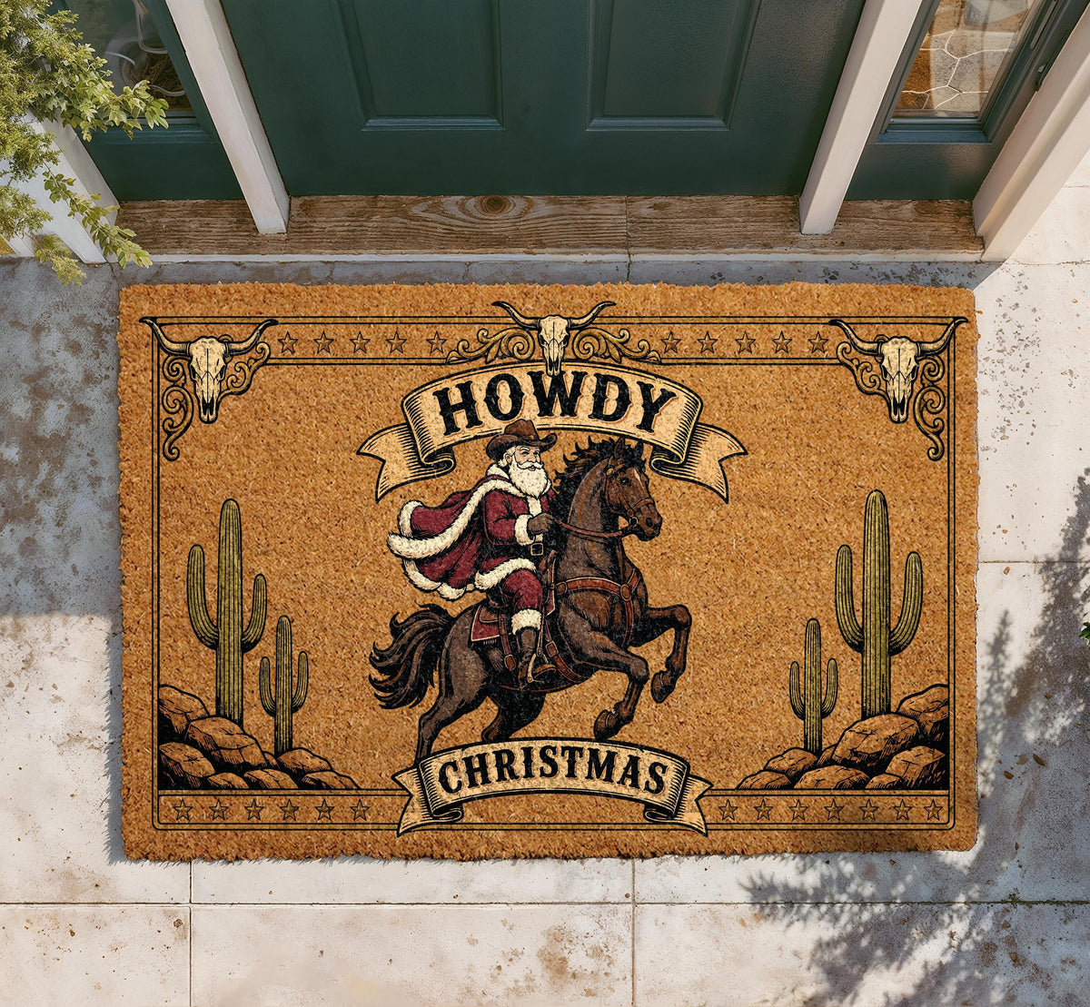 Western Cowboy Santa Christmas Doormat, Desert Holiday Porch Decor