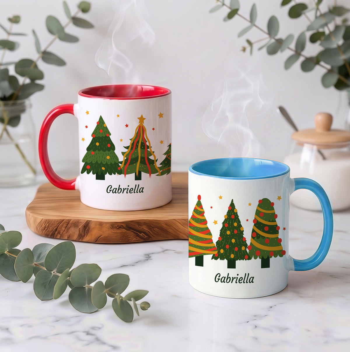 Custom Name Christmas Trees Ceramic Mug, Personalized Holiday Drinkware (11oz/15oz)