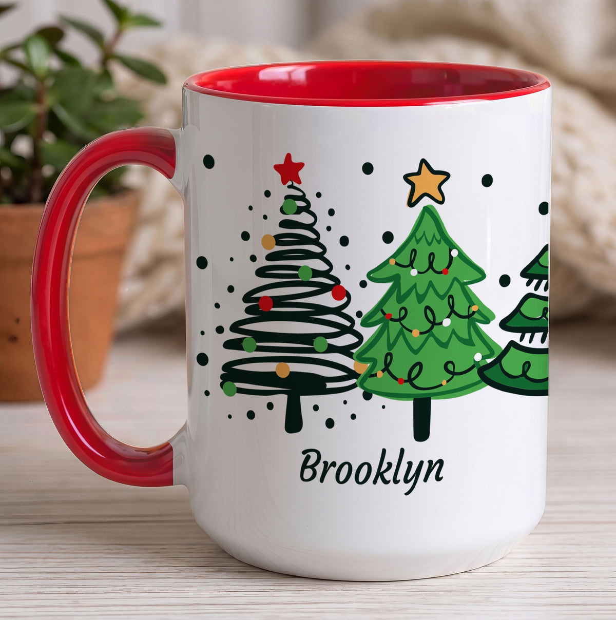 Custom Name Christmas Trees Ceramic Mug, Personalized Holiday Drinkware (11oz/15oz)