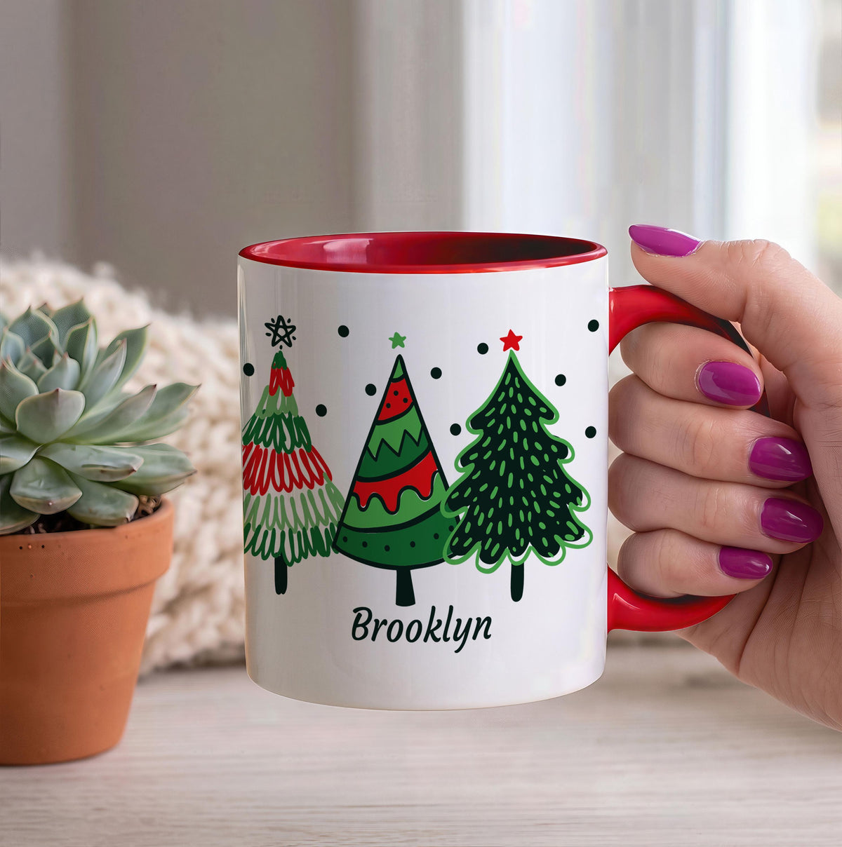 Custom Name Christmas Trees Ceramic Mug, Personalized Holiday Drinkware (11oz/15oz)