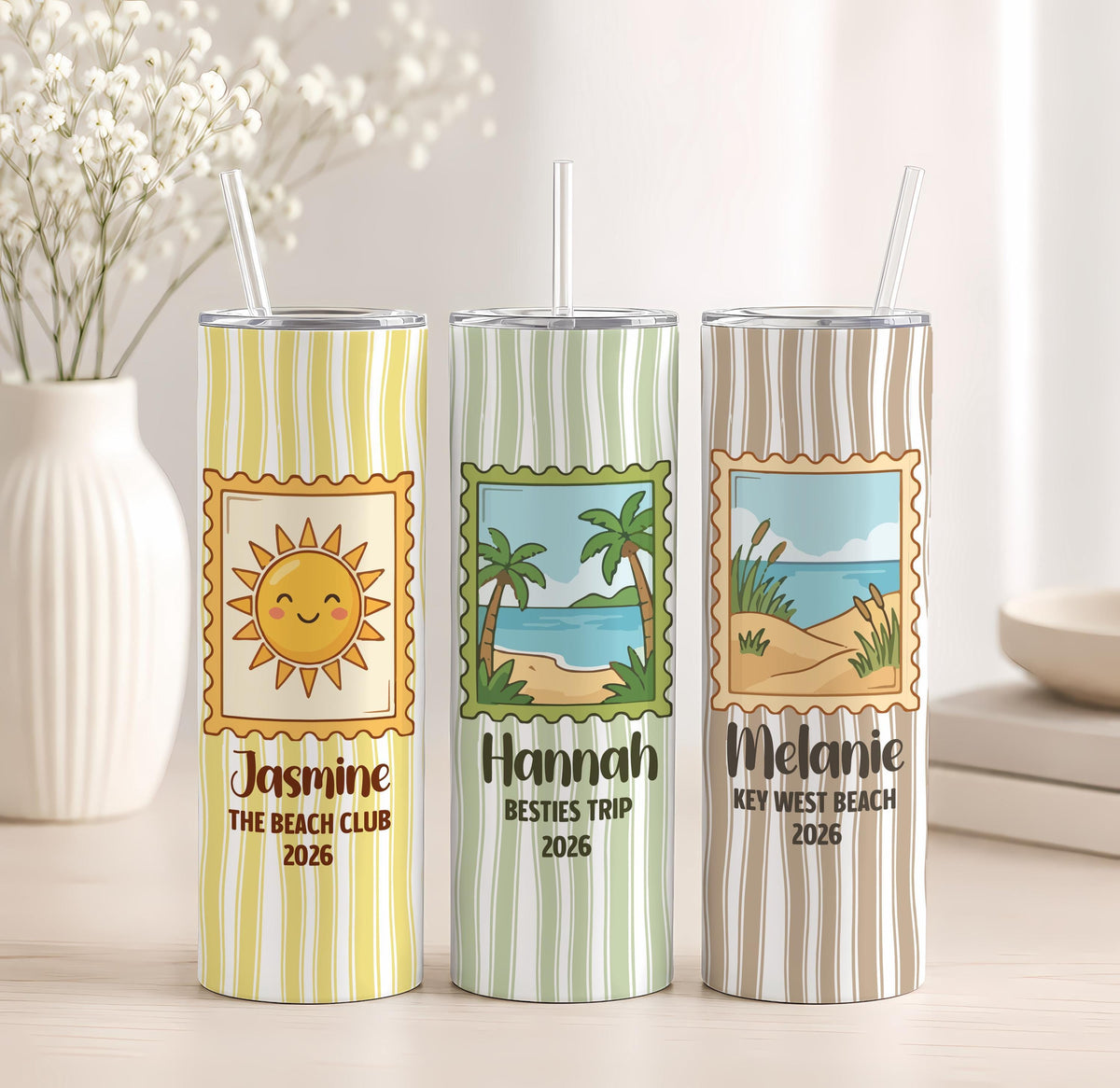 Personalized Striped Tumbler, Custom Summer Stamp, Insulated Travel Cup (20oz)