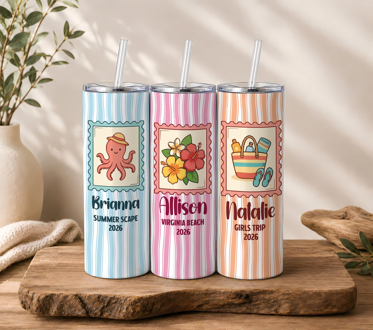 Personalized Striped Tumbler, Custom Summer Stamp, Insulated Travel Cup (20oz)