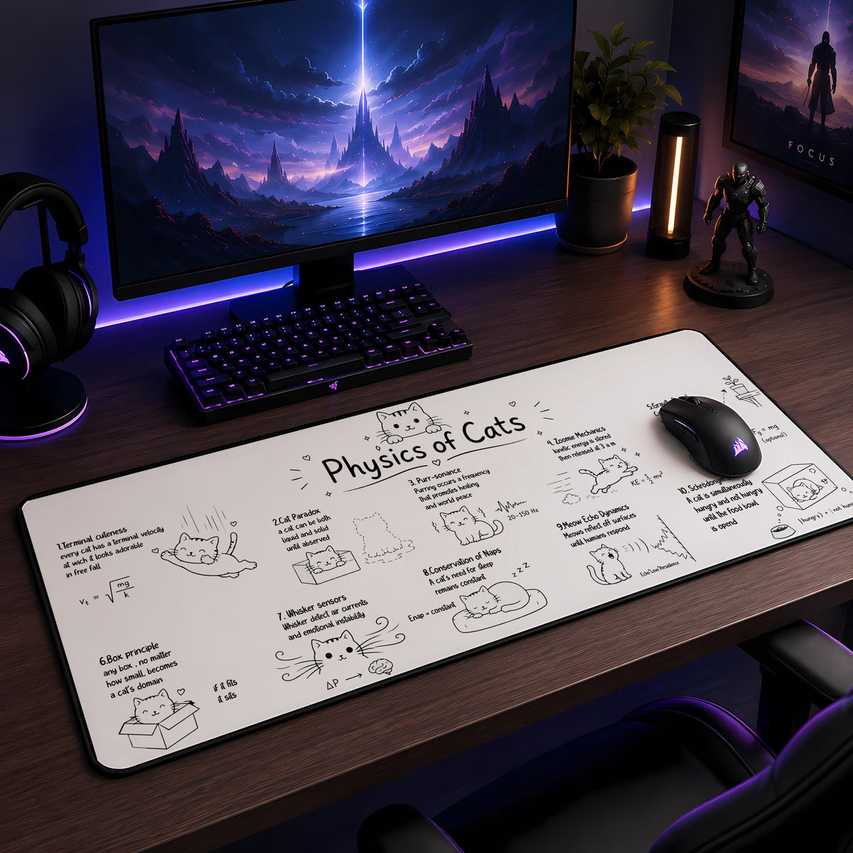 Physics of Cats Desk Mat, Funny Science Cat Gaming Mouse Pad (14"x24")