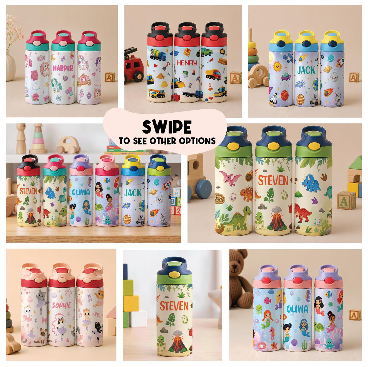 Personalized Kids Stainless Steel Tumbler, Custom Name, Dinosaur Mermaid Space Theme (12oz)