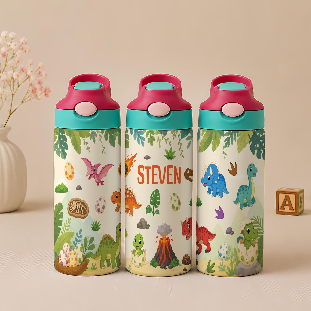 Personalized Kids Stainless Steel Tumbler, Custom Name, Dinosaur Mermaid Space Theme (12oz)