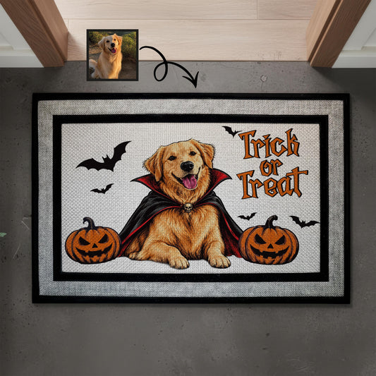 Custom Dog Doormat, Halloween Racetrack Mat, Pet Portrait Indoor Doormat, Trick or Treat Welcome Mat, Personalized Dog Lover Gift