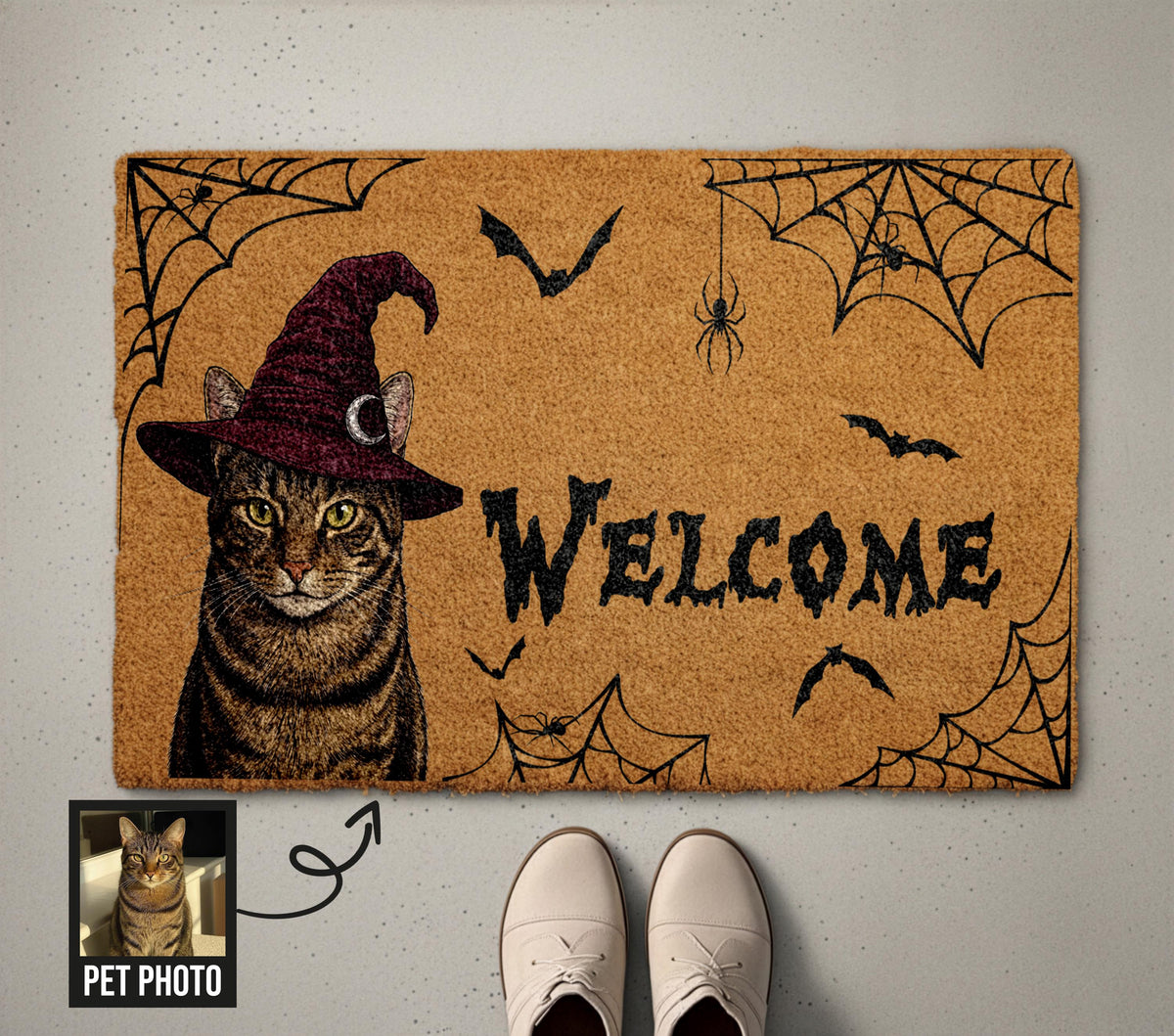 Custom Cat Doormat, Halloween Welcome Mat, Witch Cat Pet Portrait, Spooky Coir Mat, Spider Web Front Porch Decor, Personalized Dog Gift