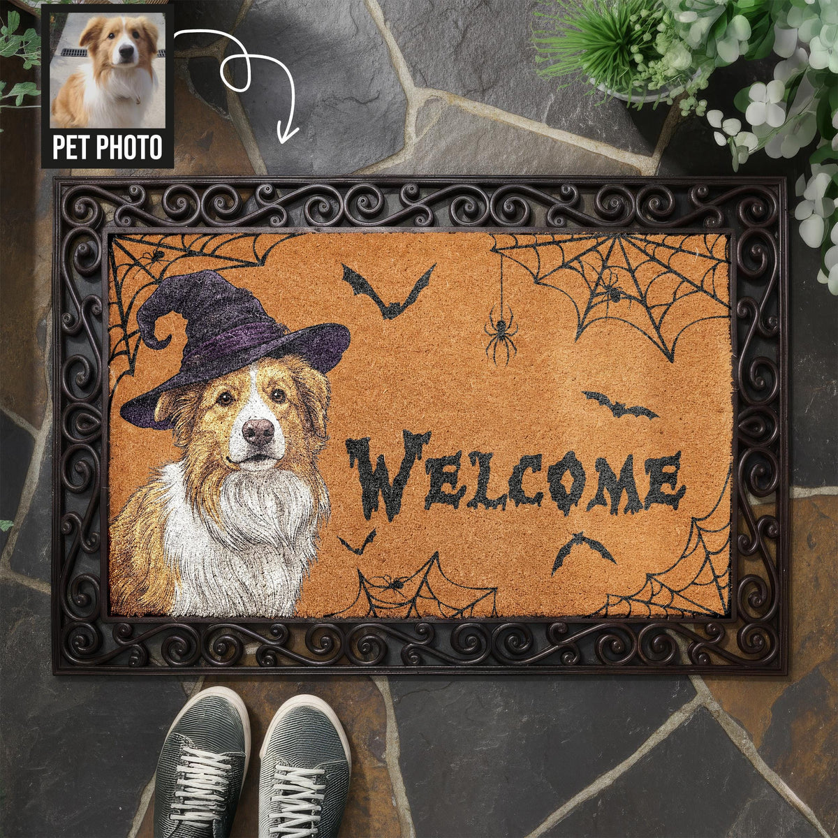 Personalized Dog Halloween Welcome Interchangeable Mat, Witch Dog Pet Portrait, Spooky Coir Mat, Custom Dog Gift
