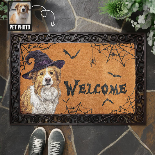 Personalized Dog Halloween Welcome Interchangeable Mat, Witch Dog Pet Portrait, Spooky Coir Mat, Custom Dog Gift