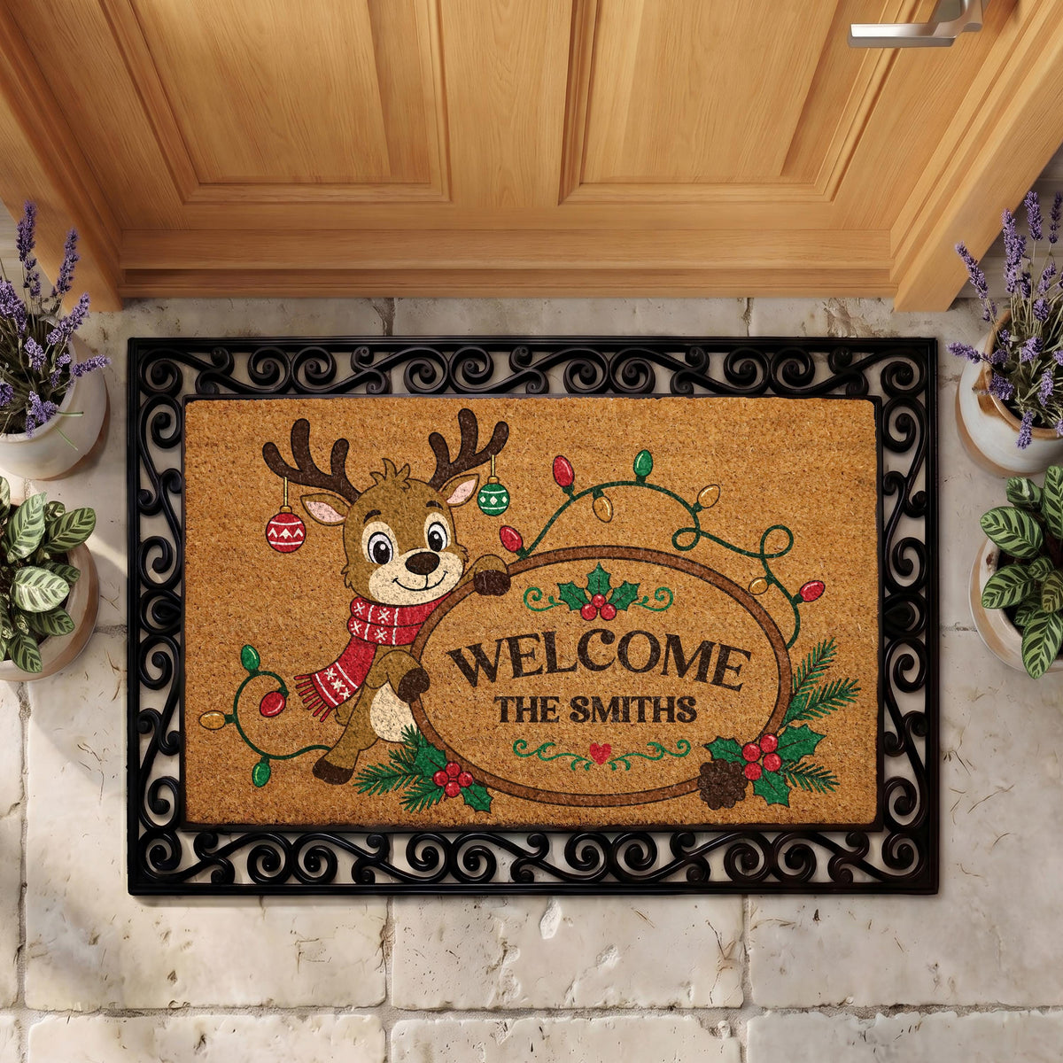 Personalized Reindeer Christmas Lights Doormat, Custom Family Name Welcome Mat (Coir)
