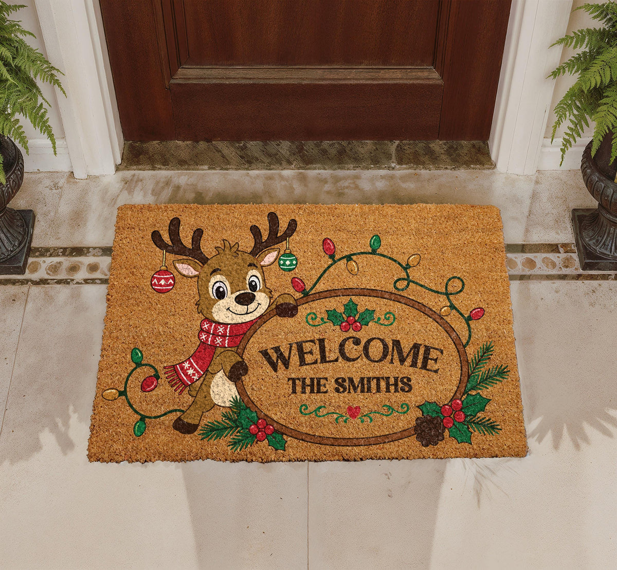 Personalized Reindeer Christmas Lights Doormat, Custom Family Name Welcome Mat (Coir)
