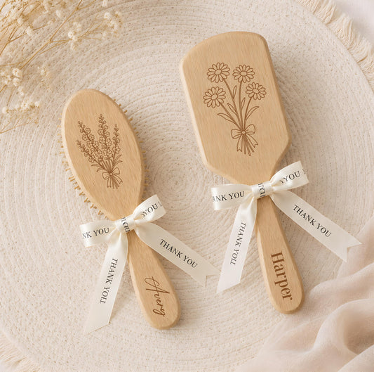 Custom Engraved Bamboo Hairbrush, Personalized Birth Flower Paddle Brush