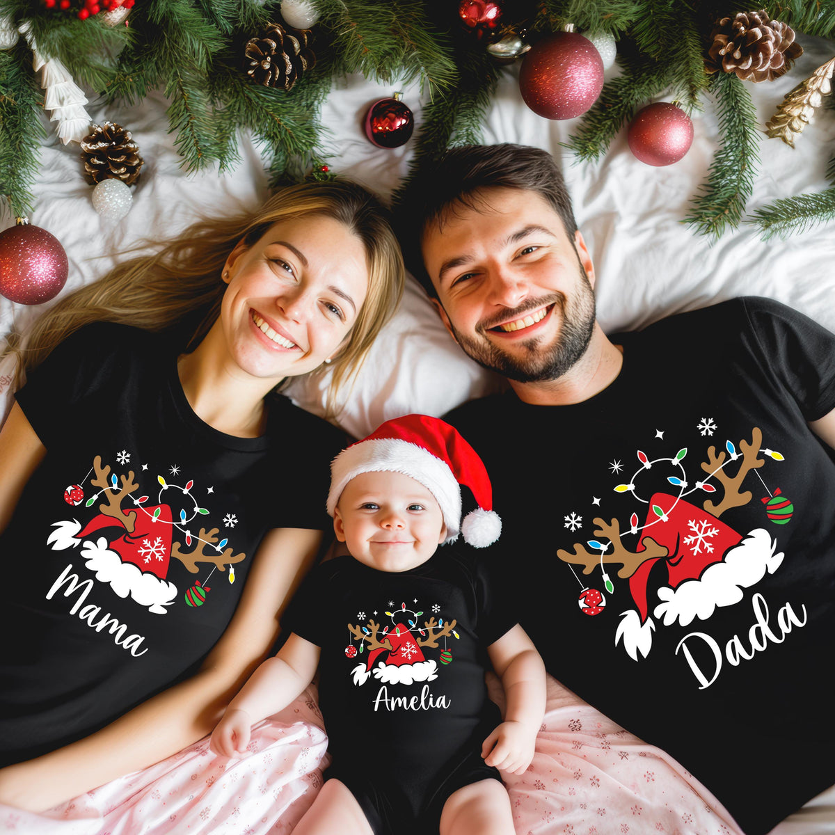 Christmas Family T-shirt, Reindeer Mama Dada Tee, Santa Family Name Matching Sweatshirt, Xmas Group Tees