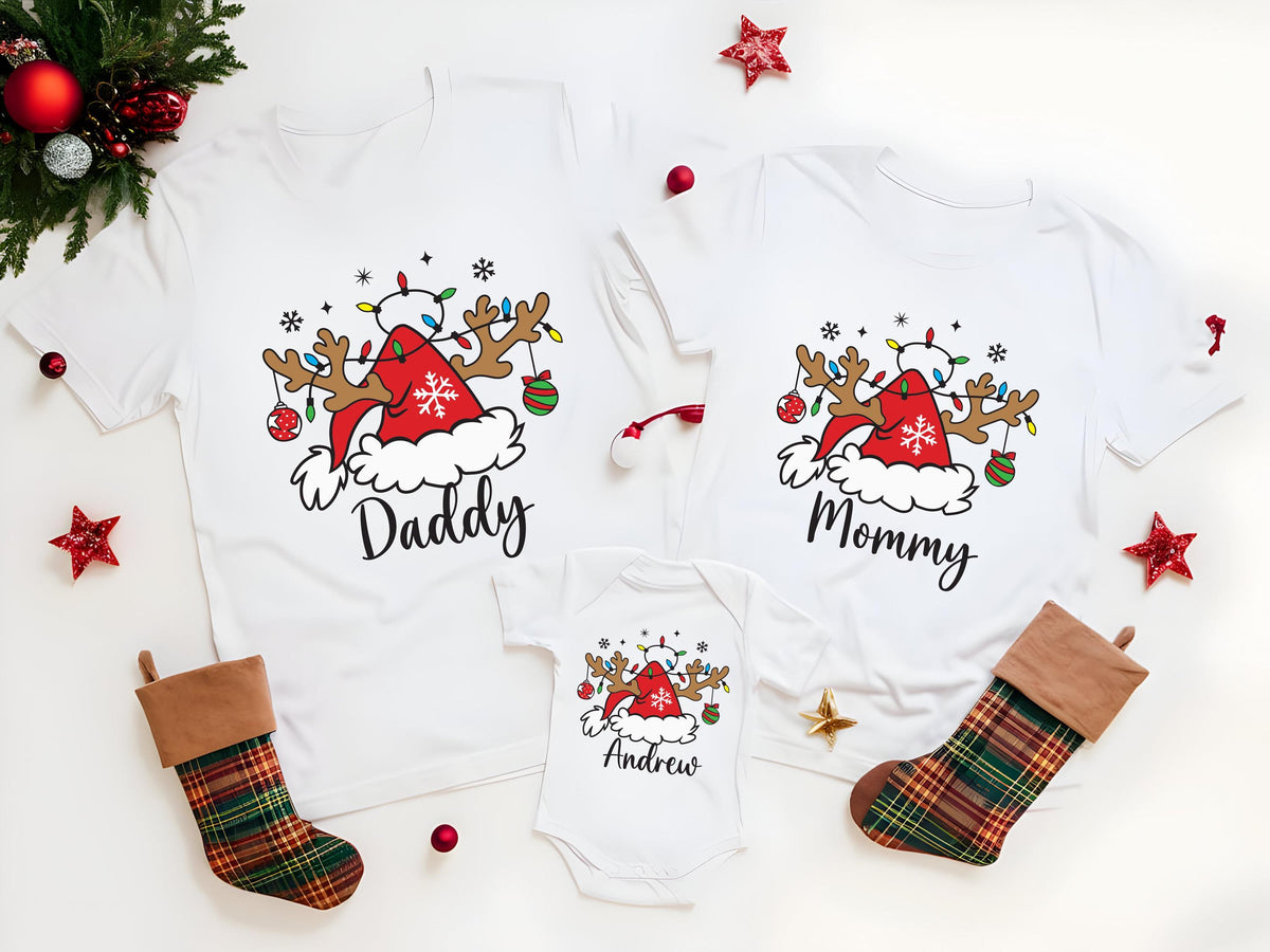 Christmas Family T-shirt, Reindeer Mama Dada Tee, Santa Family Name Matching Sweatshirt, Xmas Group Tees
