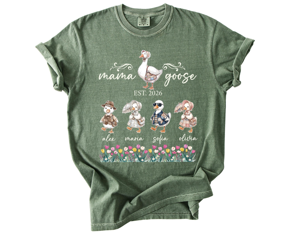 Comfort Colors® Mama Goose Shirt, Personalized Mom Tee with Kids Names, Funny Mother's Day Gift