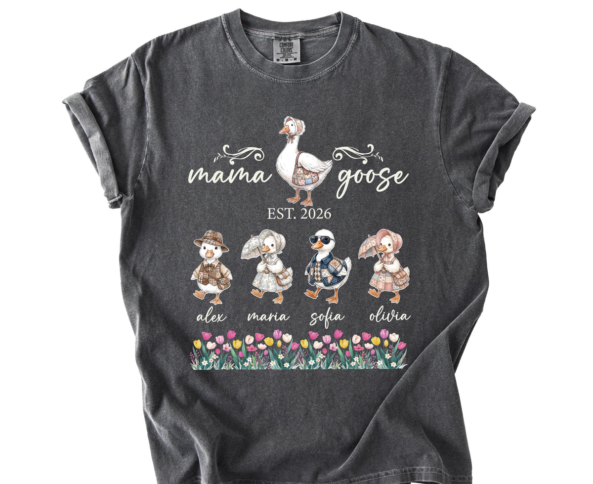 Comfort Colors® Mama Goose Shirt, Personalized Mom Tee with Kids Names, Funny Mother's Day Gift