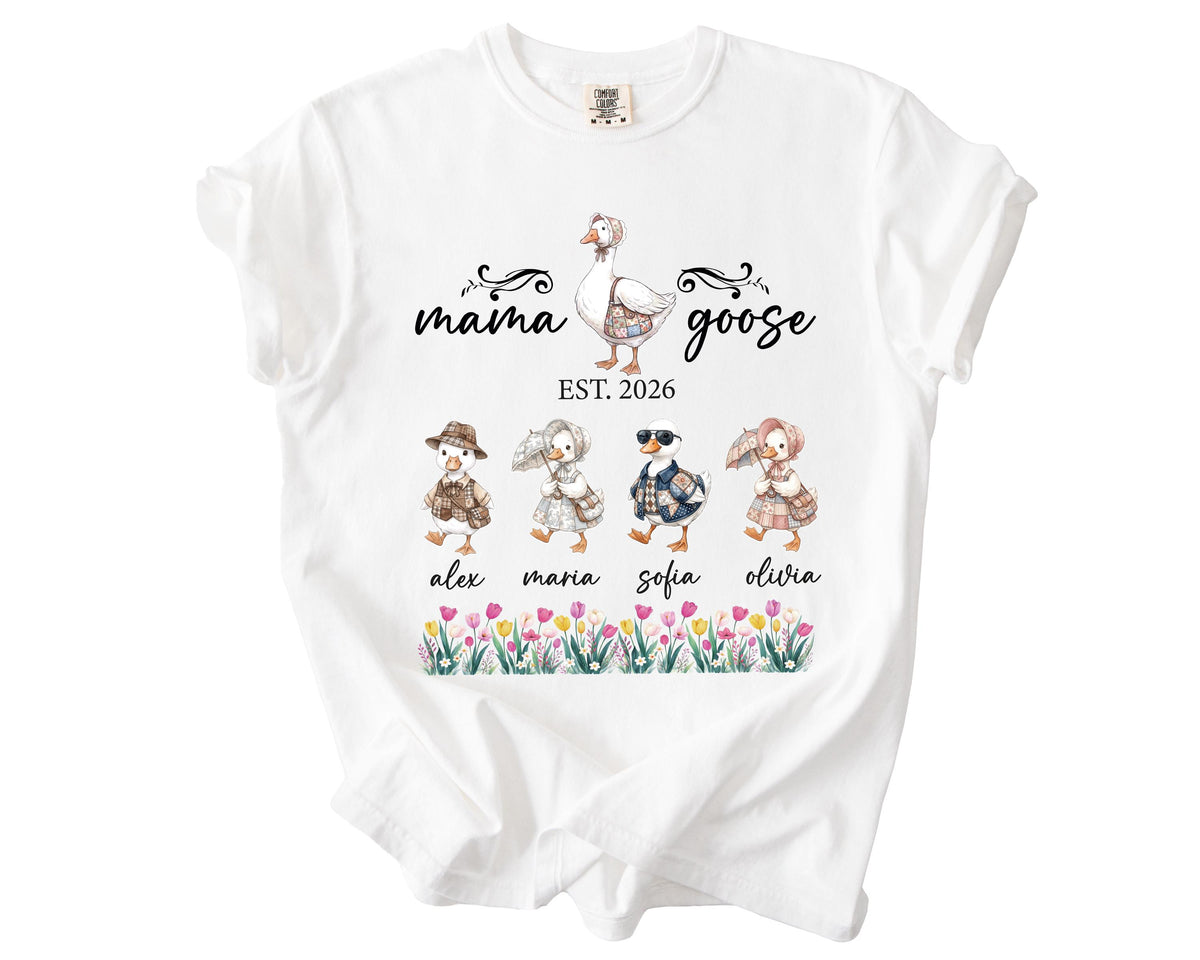 Comfort Colors® Mama Goose Shirt, Personalized Mom Tee with Kids Names, Funny Mother's Day Gift