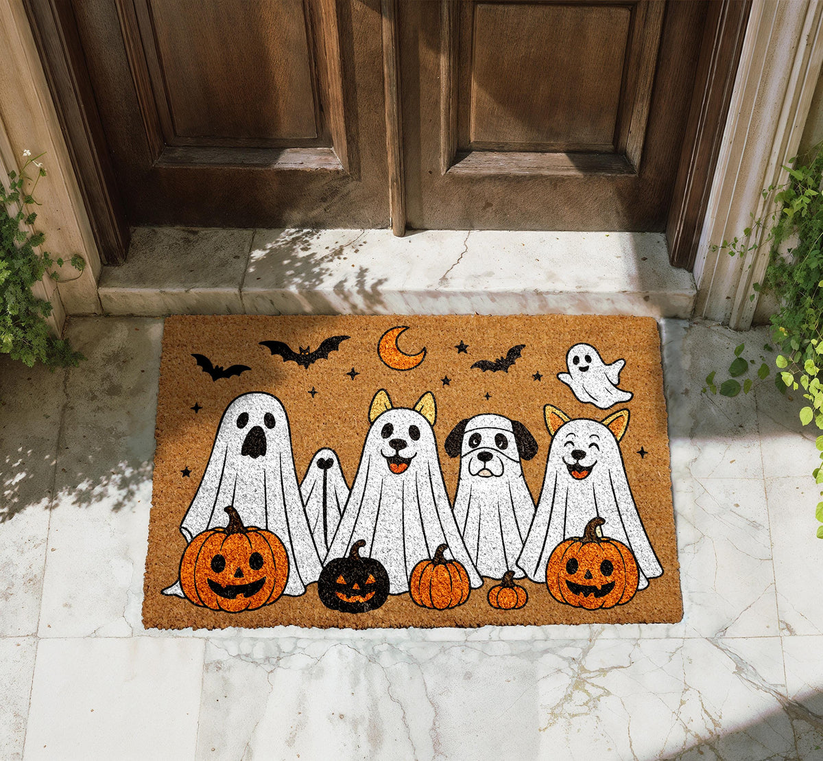 Spooky Dogs Doormat, Cute Pumpkins Halloween Gift, Ghost Dog Fall Decor, Creepy Bat Porch Rug