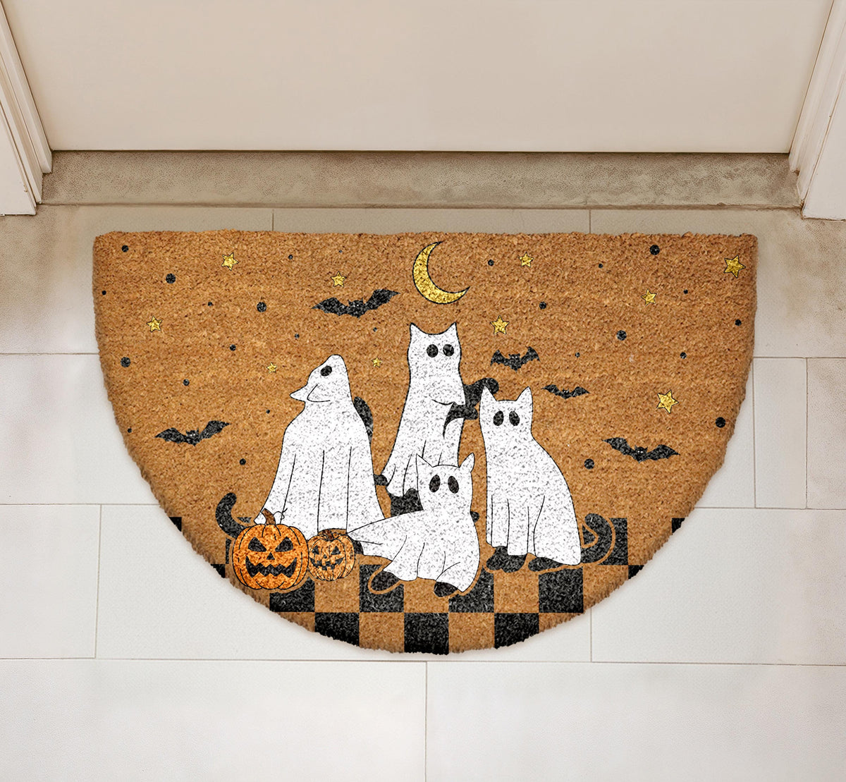 Spooky Cats & Pumpkins Doormat, Halloween Welcome Mat, Cute Ghost Fall Decor