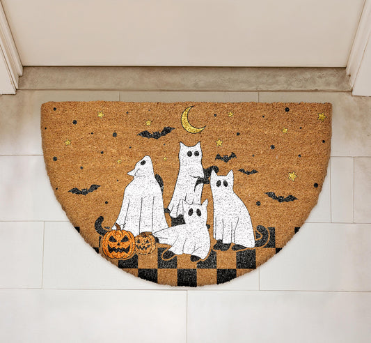 Spooky Cats & Pumpkins Doormat, Halloween Welcome Mat, Cute Ghost Fall Decor