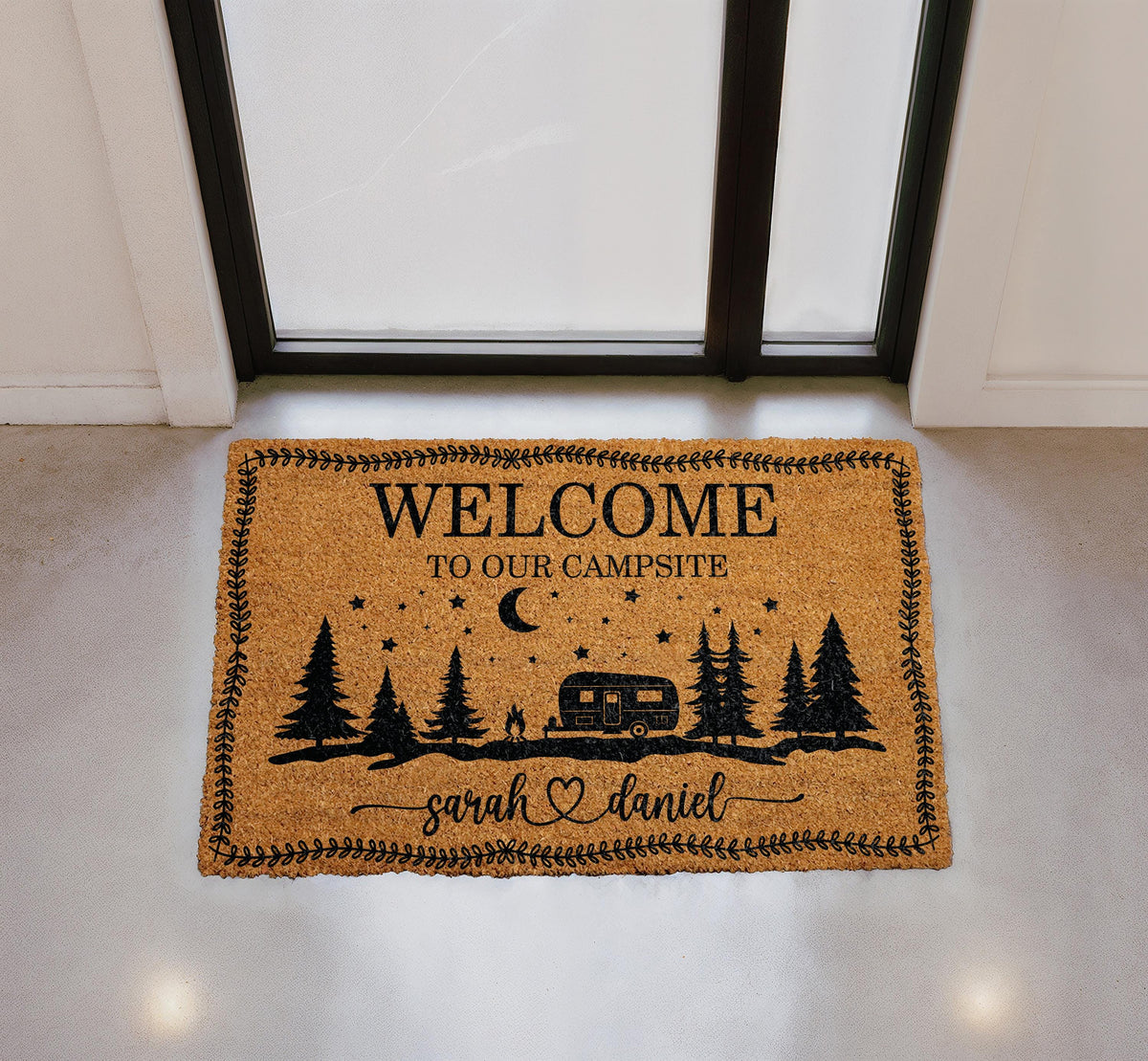 Welcome To Our Campsite Doormat, Personalized Camping Welcome Mat, Custom Couple Name Door Mat, Happy Campers Coir Mat, RV Housewarming Gift