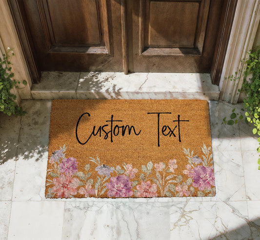 Personalized Floral Doormat, Custom Text Welcome Mat, Boho Flower Front Porch Decor