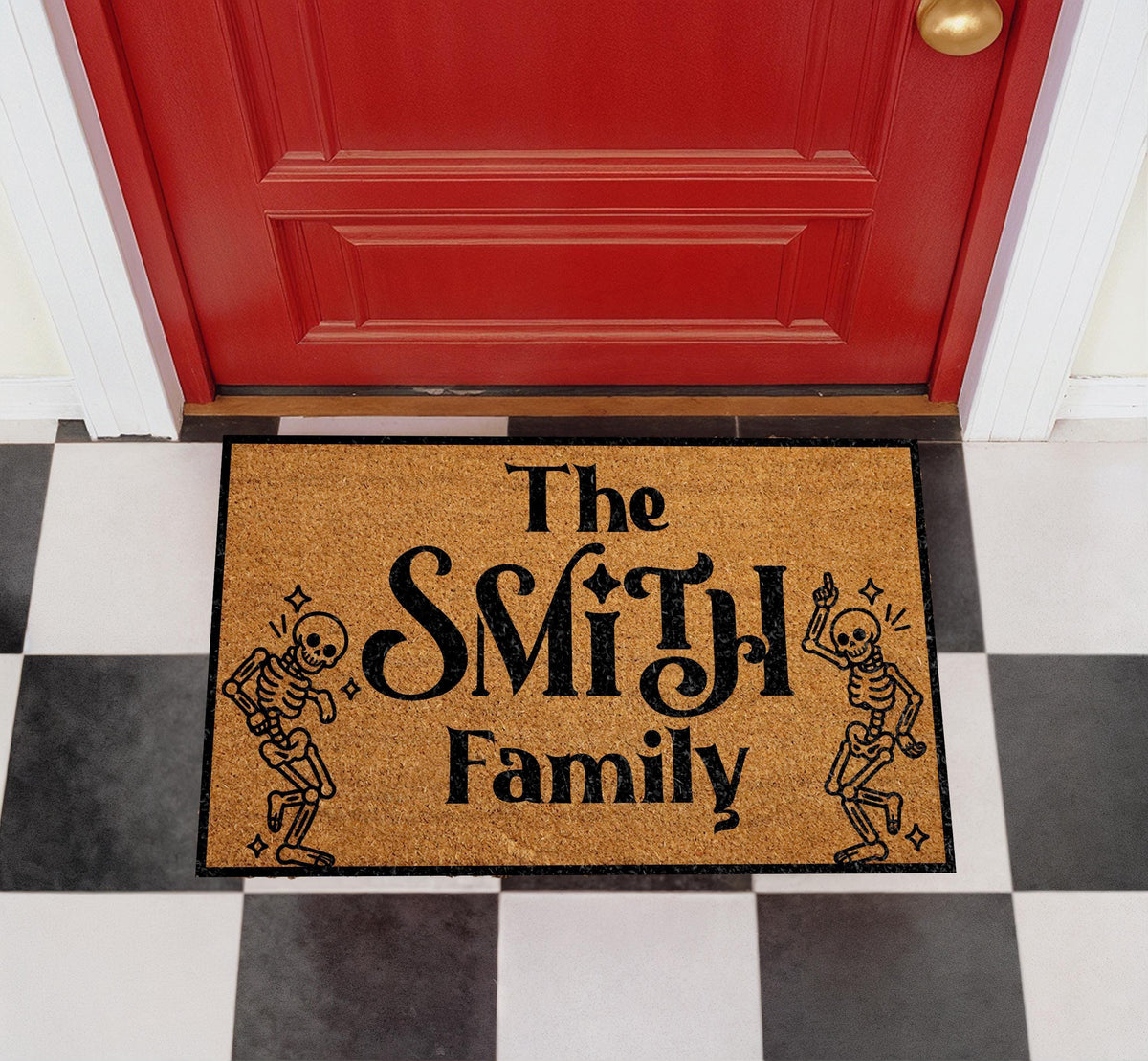 Custom Skeleton Family Halloween Doormat, Dancing Skeletons Welcome Mat, Spooky Season Gift