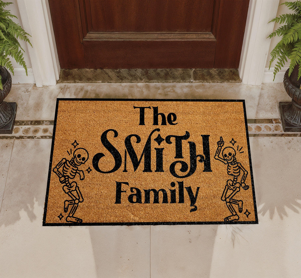Custom Skeleton Family Halloween Doormat, Dancing Skeletons Welcome Mat, Spooky Season Gift