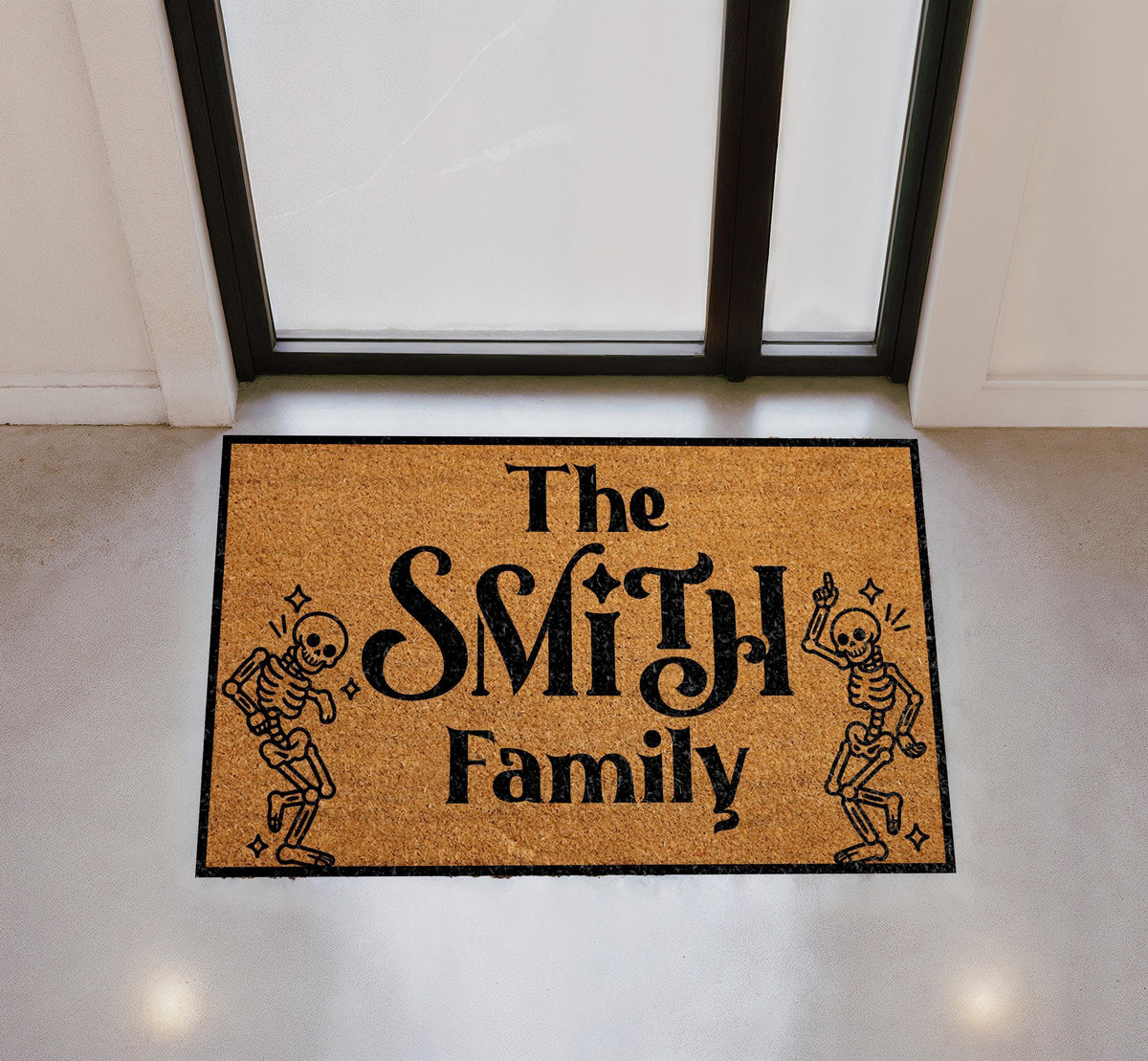 Custom Skeleton Family Halloween Doormat, Dancing Skeletons Welcome Mat, Spooky Season Gift