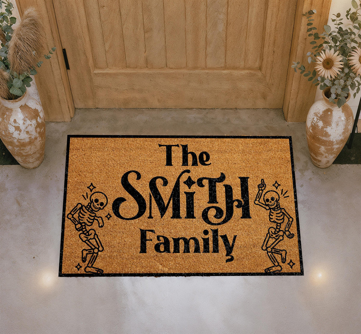 Custom Skeleton Family Halloween Doormat, Dancing Skeletons Welcome Mat, Spooky Season Gift