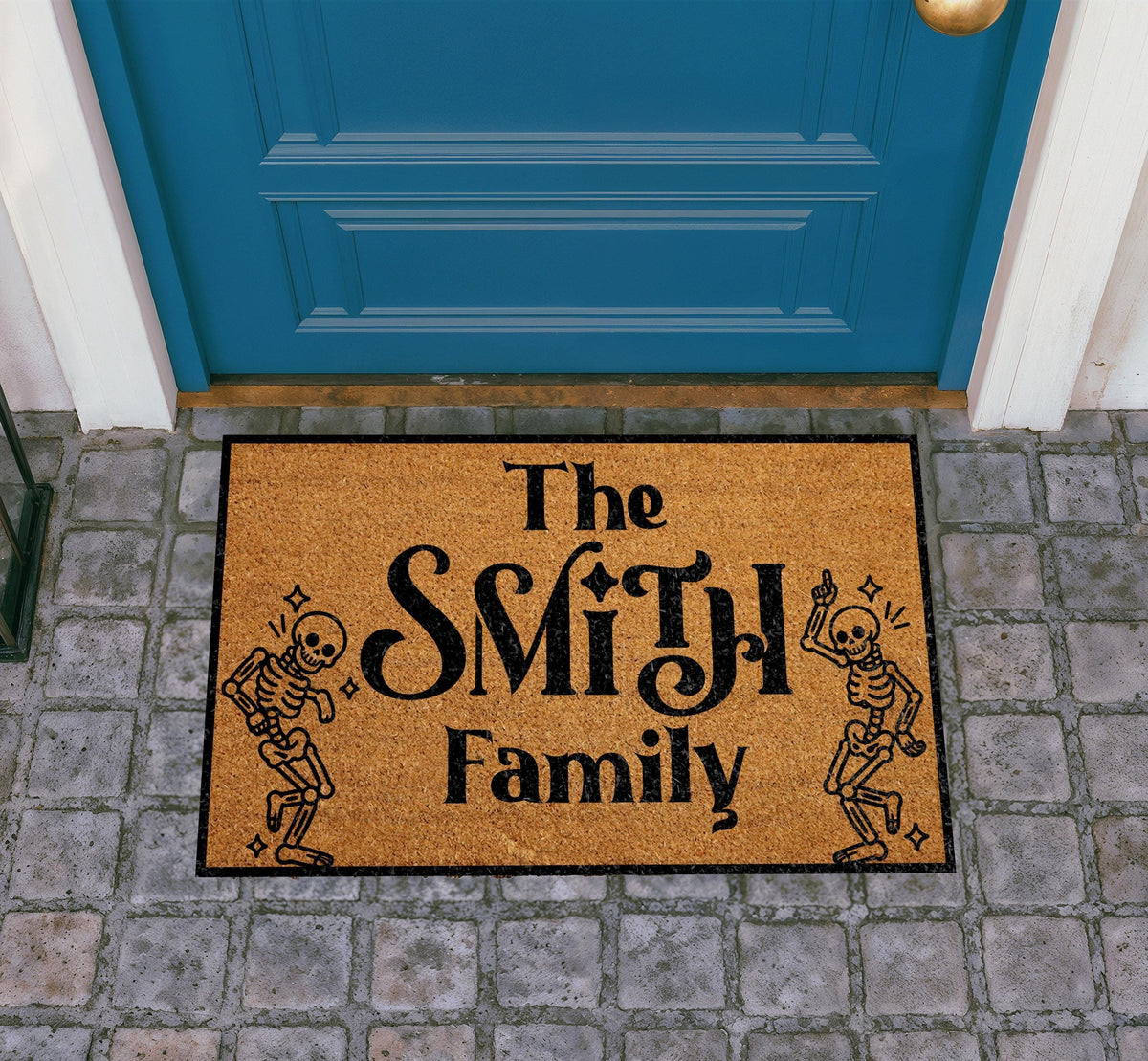 Custom Skeleton Family Halloween Doormat, Dancing Skeletons Welcome Mat, Spooky Season Gift