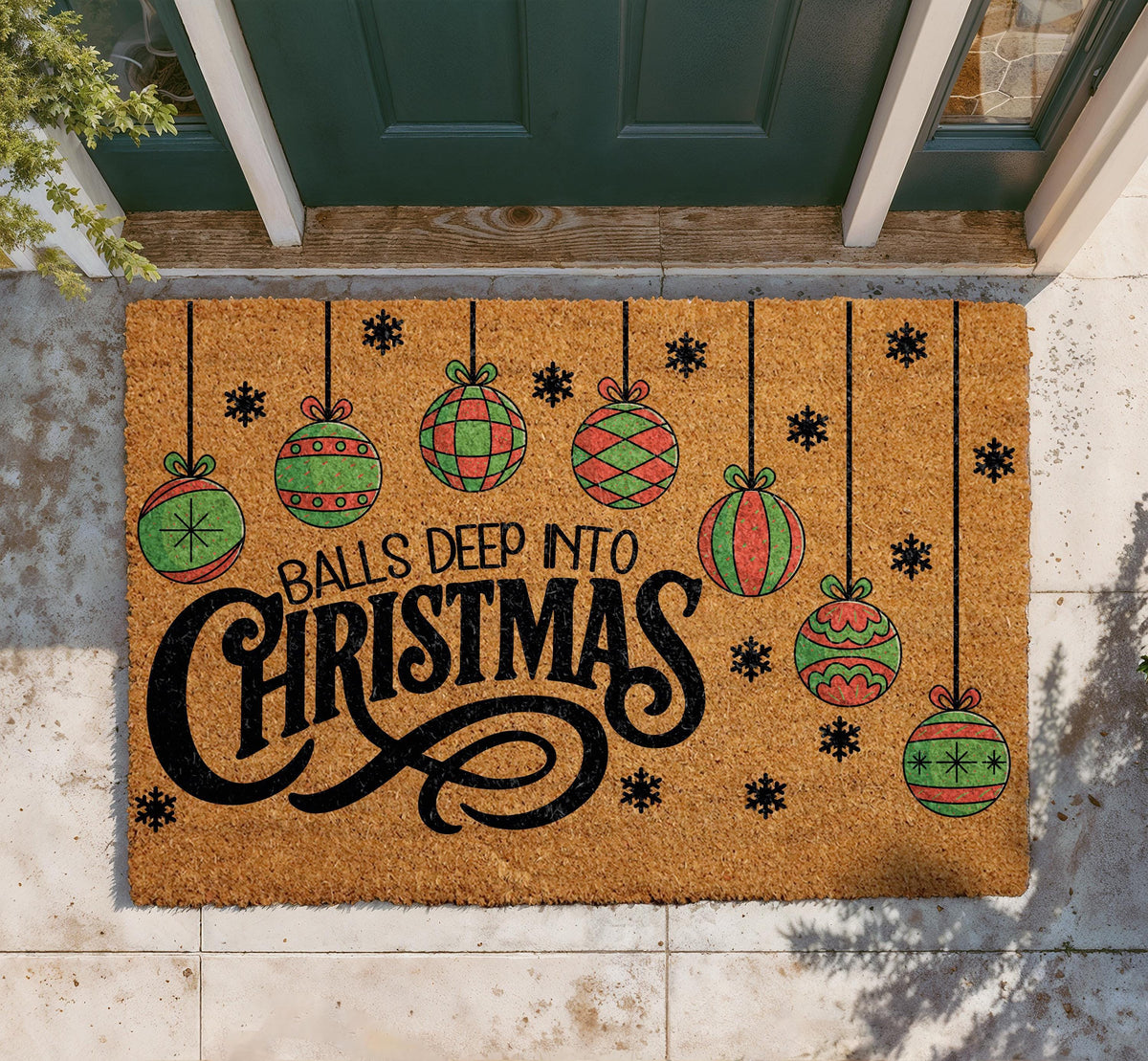 Balls Deep Into Christmas Doormat, Funny Christmas Welcome Mat, Humorous Holiday Front Porch Decor