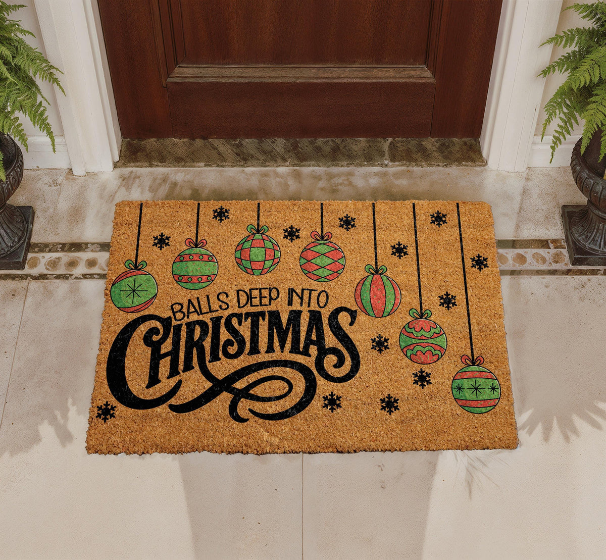 Balls Deep Into Christmas Doormat, Funny Christmas Welcome Mat, Humorous Holiday Front Porch Decor
