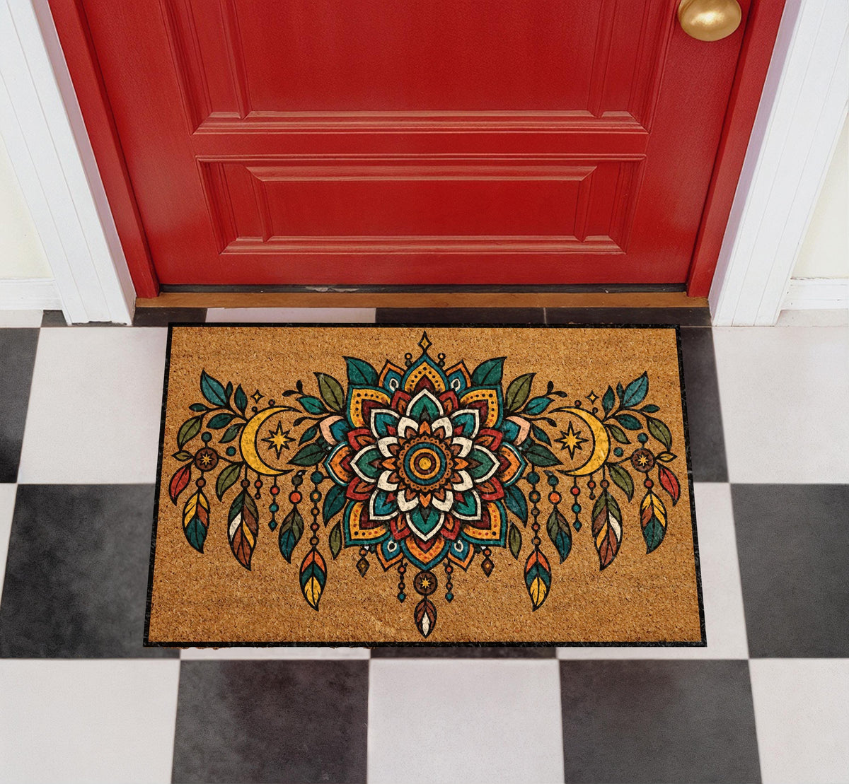 Boho Mandala Doormat, Celestial Moon Stars Dreamcatcher Coir Rug (Personalized)