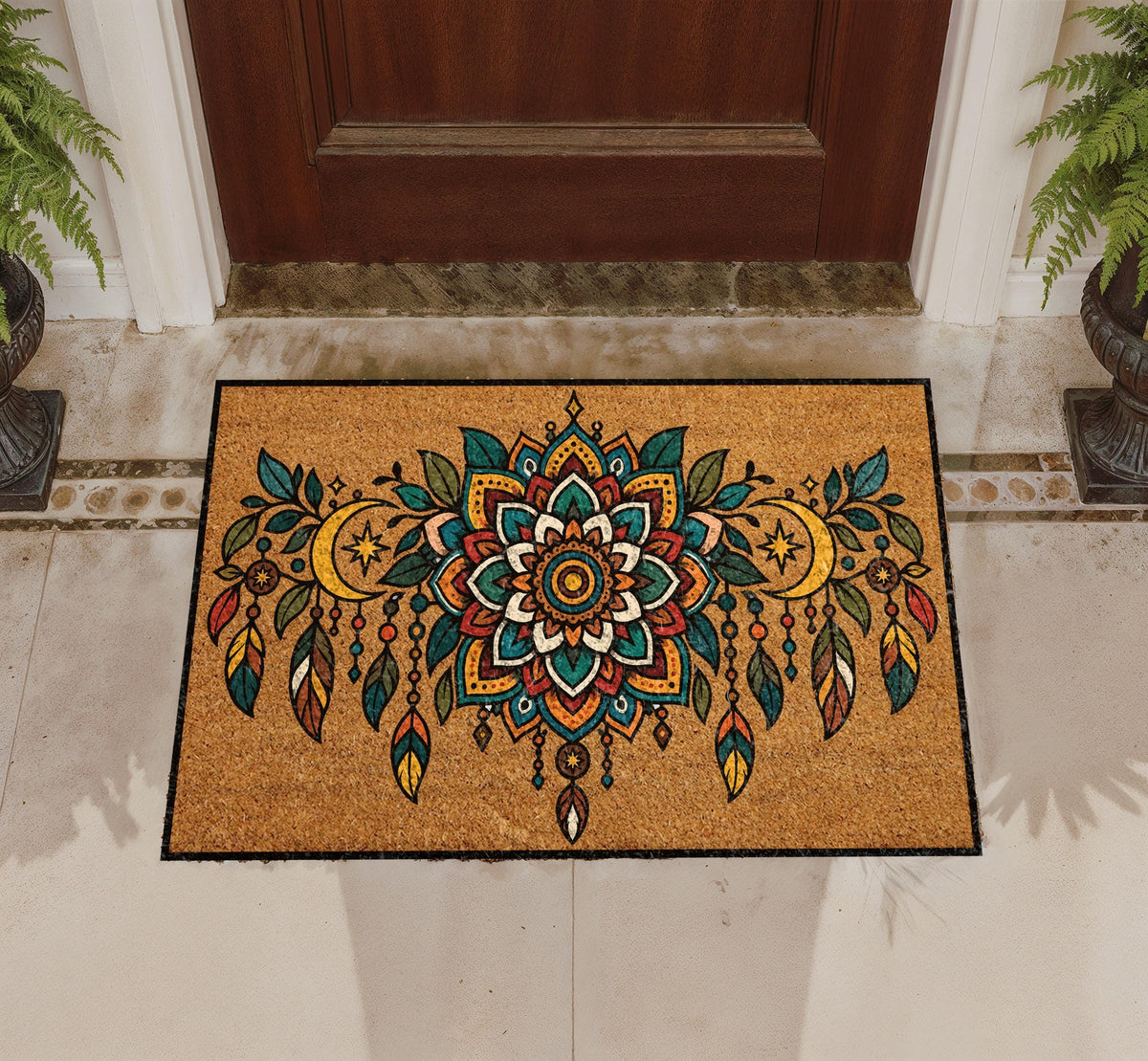 Boho Mandala Doormat, Celestial Moon Stars Dreamcatcher Coir Rug (Personalized)