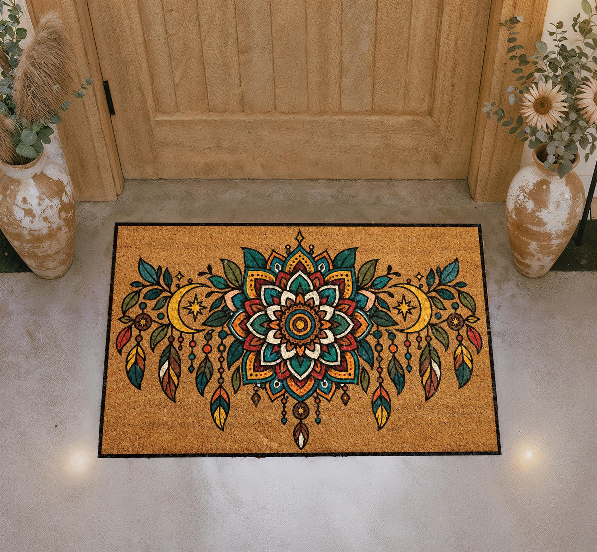 Boho Mandala Doormat, Celestial Moon Stars Dreamcatcher Coir Rug (Personalized)