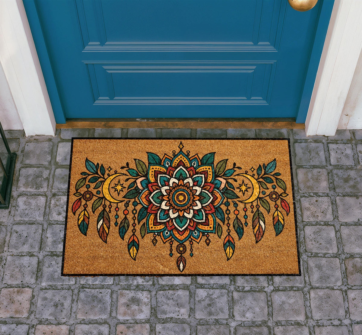 Boho Mandala Doormat, Celestial Moon Stars Dreamcatcher Coir Rug (Personalized)