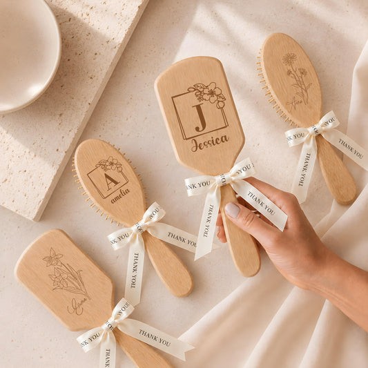 Personalized Bamboo Hair Brush, Birth Flower or Initial Engraved Bridesmaid Gift