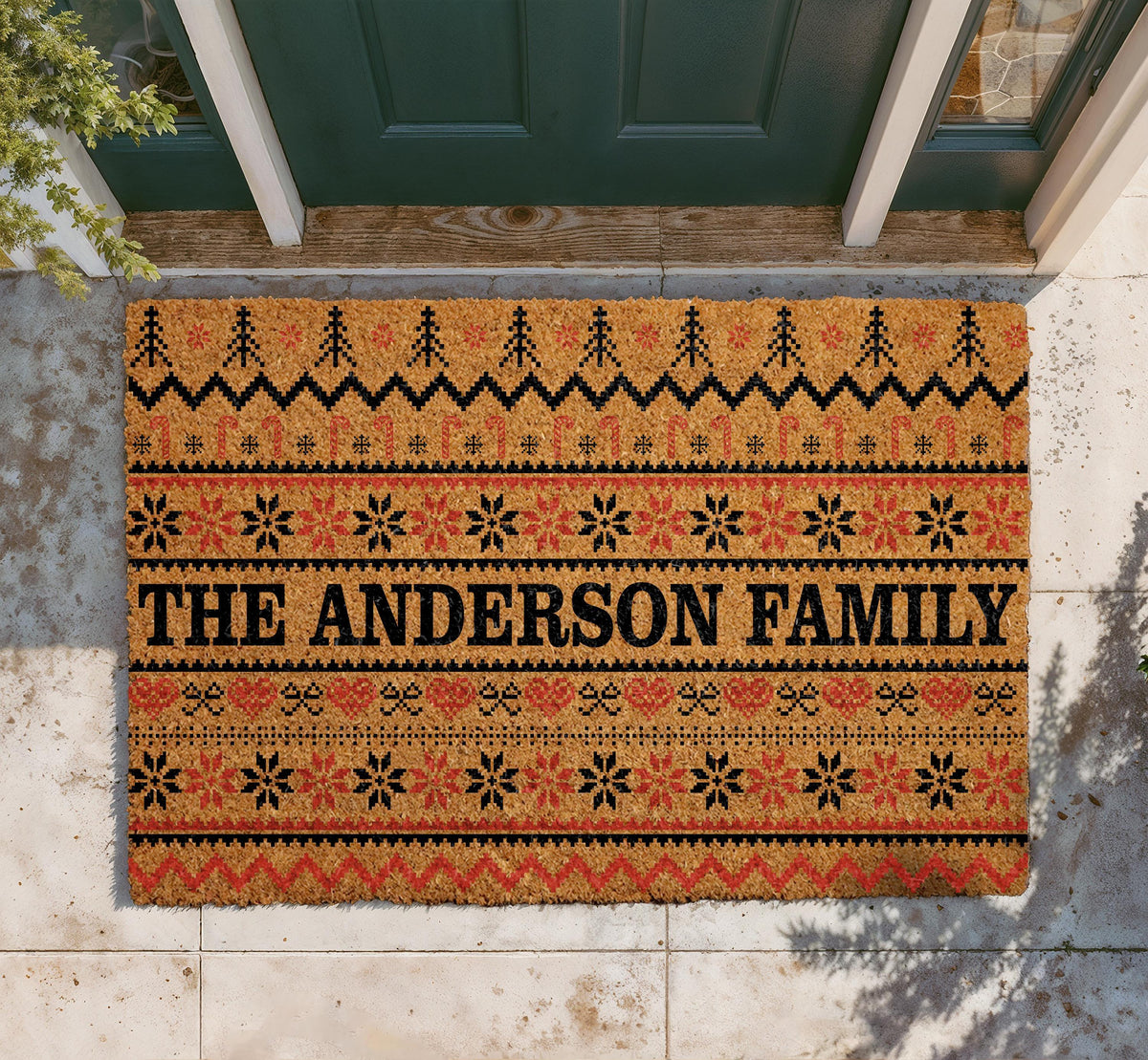Personalized Ugly Sweater Christmas Doormat, Holiday Snowflake Welcome Mat, Family Name Winter Housewarming Gift