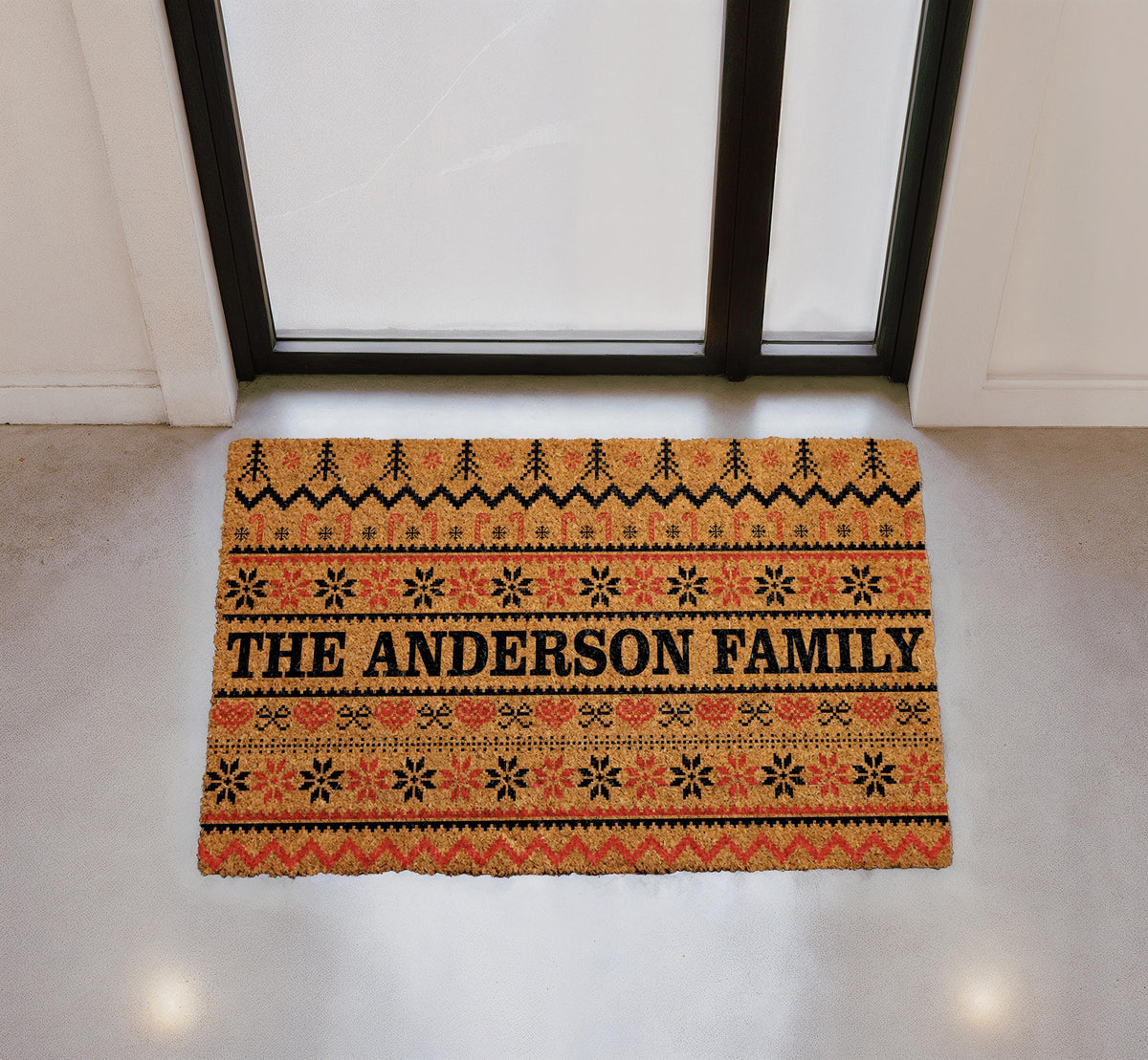Personalized Ugly Sweater Christmas Doormat, Holiday Snowflake Welcome Mat, Family Name Winter Housewarming Gift