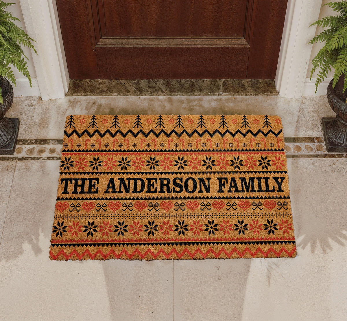 Personalized Ugly Sweater Christmas Doormat, Holiday Snowflake Welcome Mat, Family Name Winter Housewarming Gift