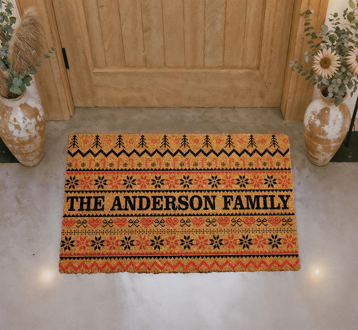 Personalized Ugly Sweater Christmas Doormat, Holiday Snowflake Welcome Mat, Family Name Winter Housewarming Gift