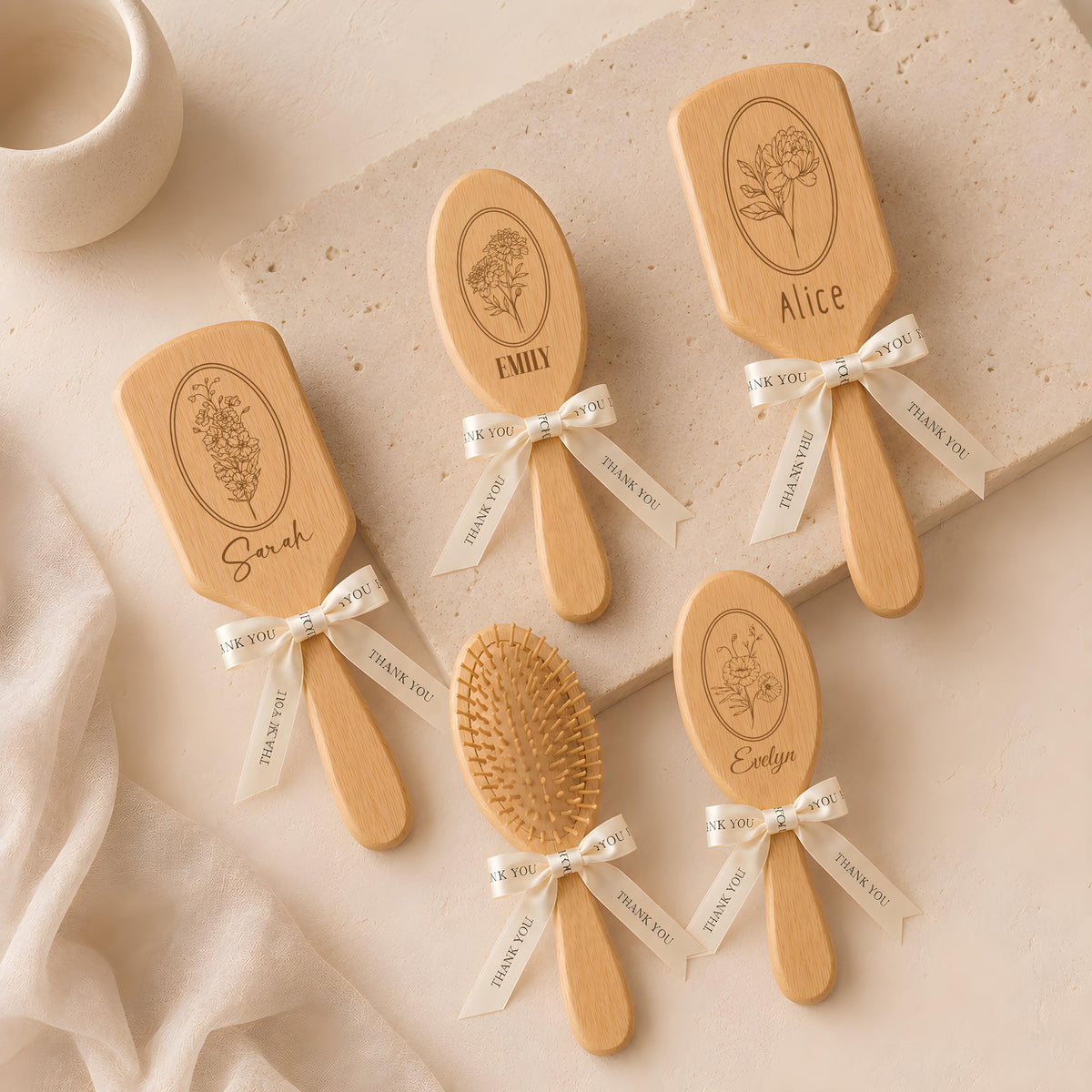 Personalized Oval Bamboo Hair Brush, Floral Engraved Custom Name Gift