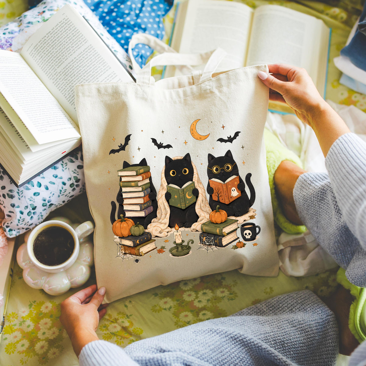 Reading Cats Tote Bag, Spooky Season Books Tote, Halloween Gift Tote Bag