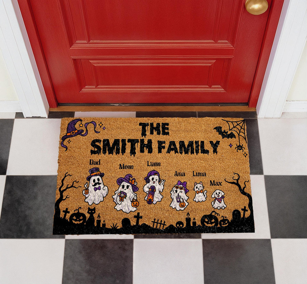 Personalized Ghost Family Doormat, Custom Halloween Welcome Mat (Coir)