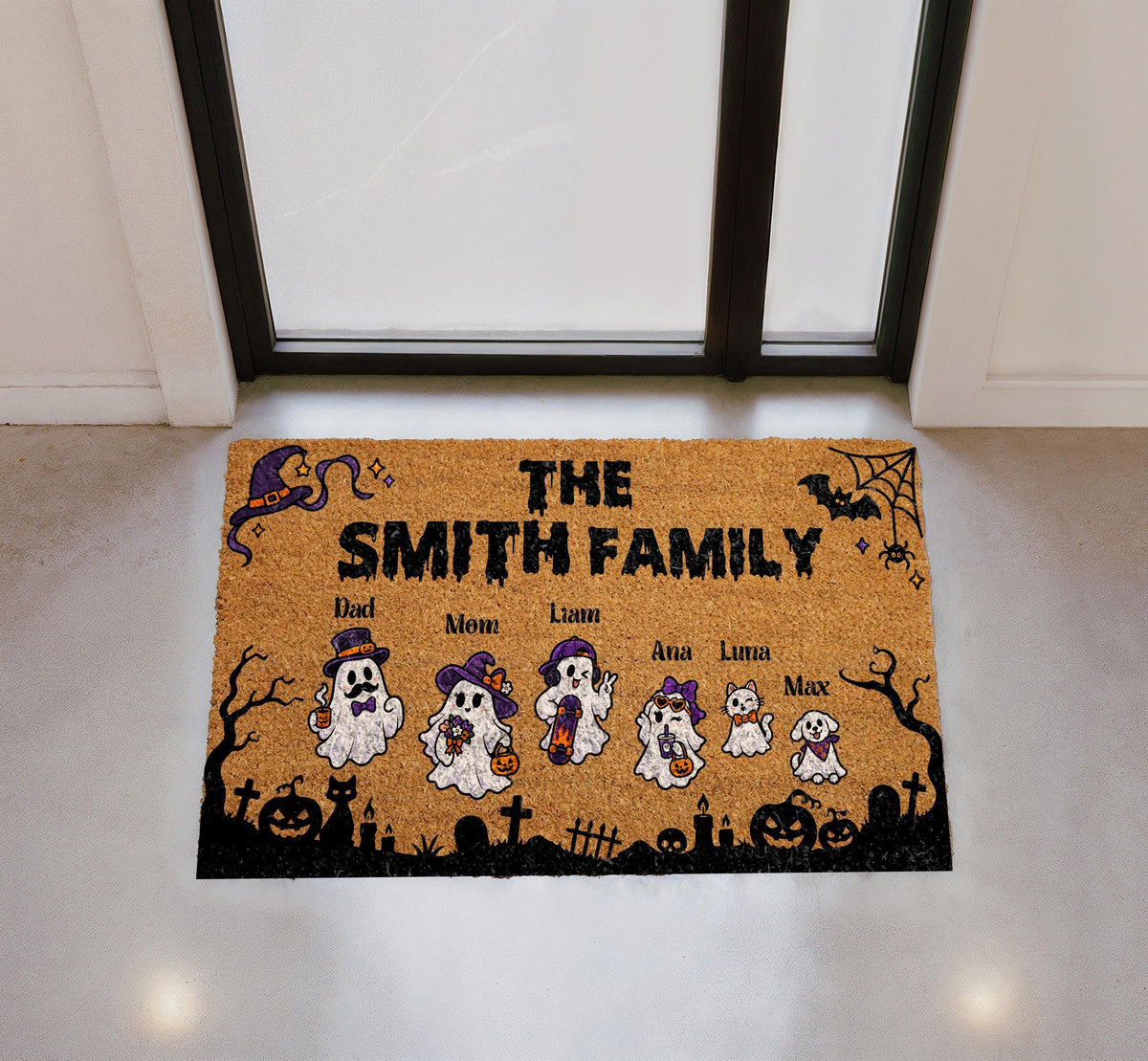 Personalized Ghost Family Doormat, Custom Halloween Welcome Mat (Coir)