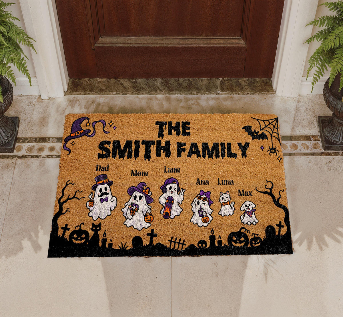 Personalized Ghost Family Doormat, Custom Halloween Welcome Mat (Coir)