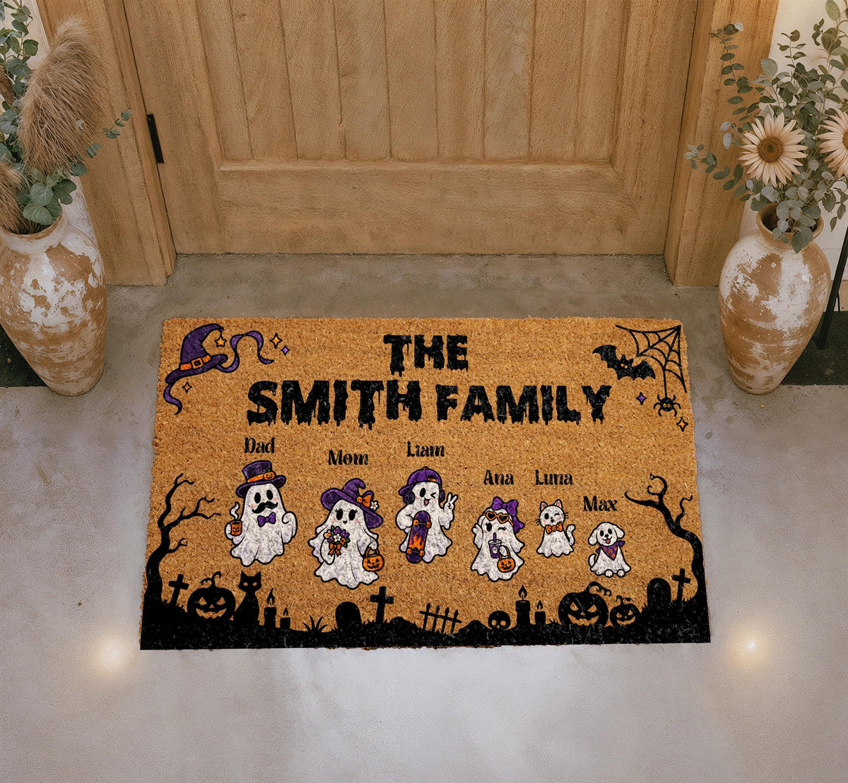 Personalized Ghost Family Doormat, Custom Halloween Welcome Mat (Coir)