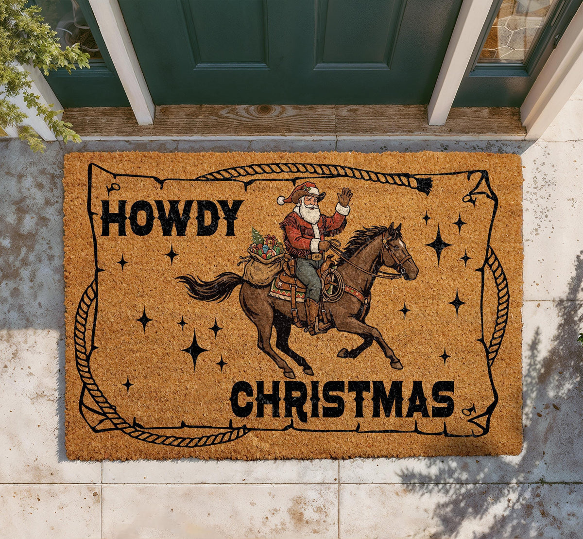 Cowboy Santa Howdy Christmas Doormat, Western Holiday Porch Decor